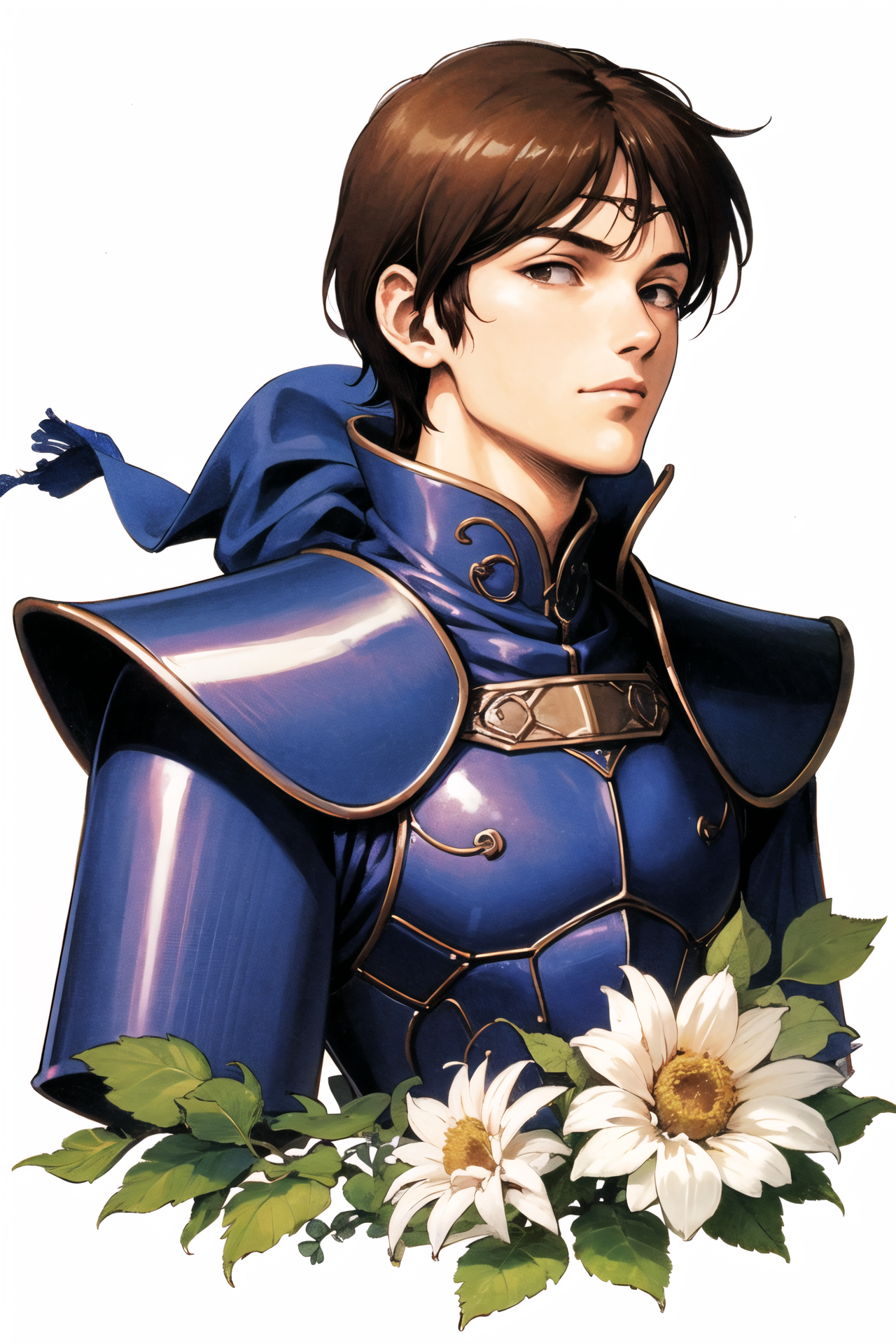 16510-1409198981-solo, 1boy,  male focus, flower, armor, brown hair, short hair, scarf, bandana, traditional media, upper body, white background,.png